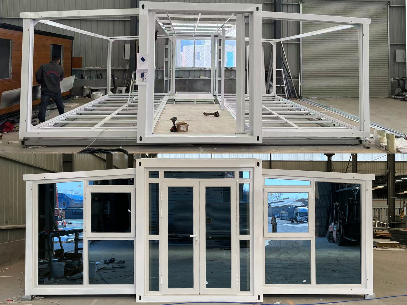 Modular homes being assembled in manufacturing facility